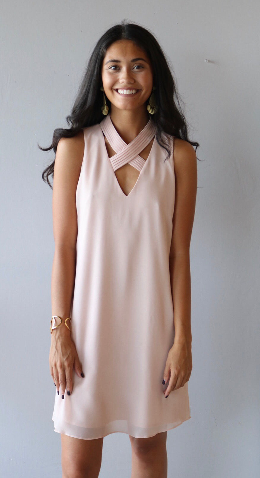 EMPHATIC Pleated CrossNeck Chiffon Shift Dress