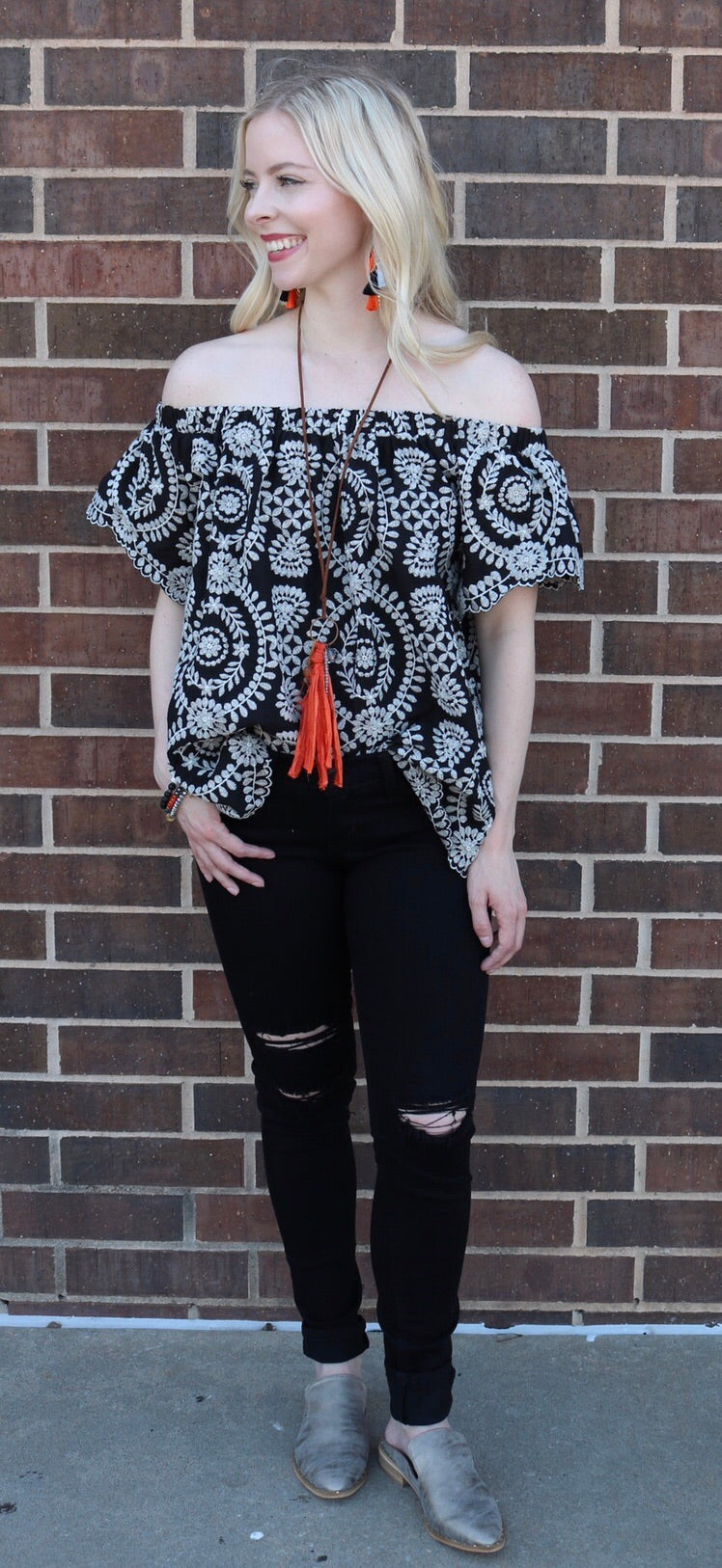 ARETHA Embroidered Ruffle Off Shoulder Top