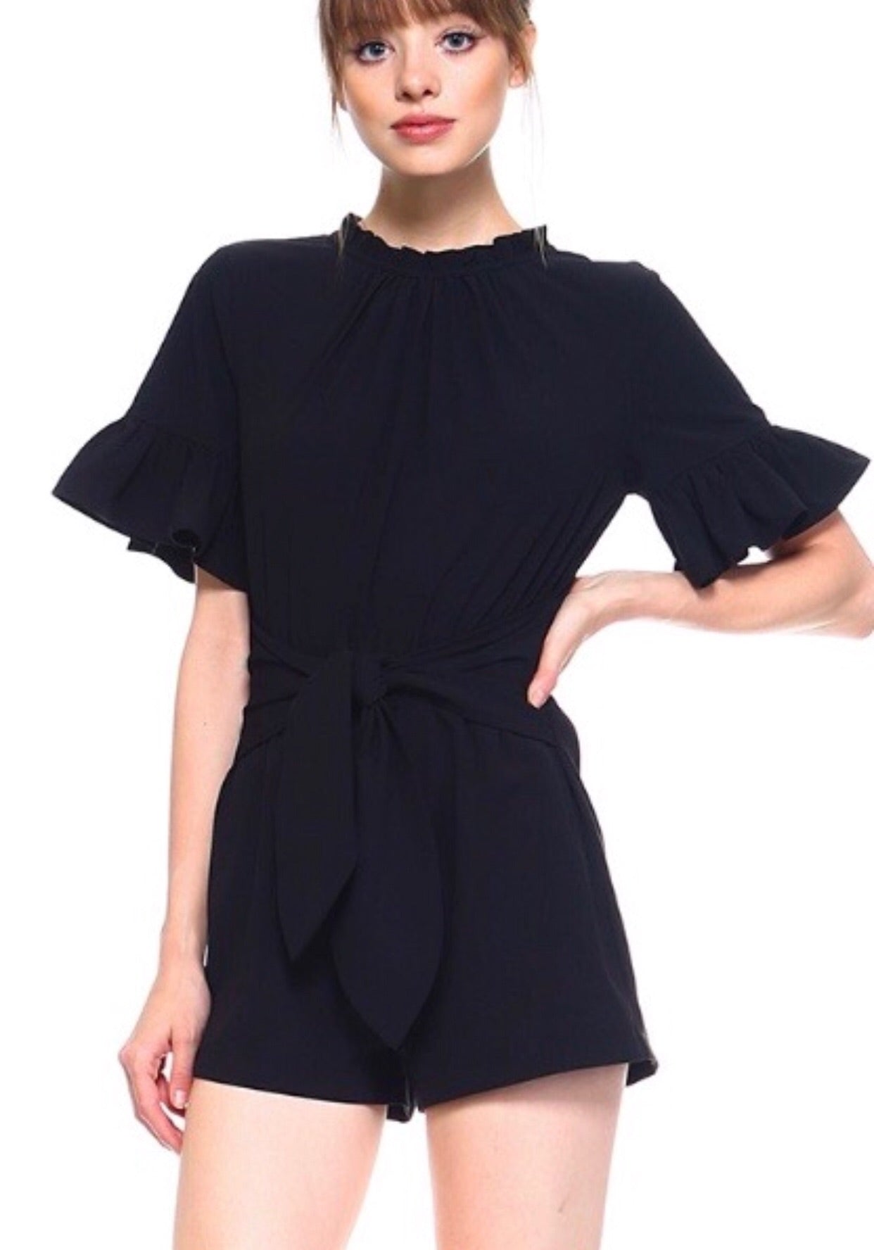 AWESTRUCK Gather Neck Ruffle Sleeve Tie Front Romper
