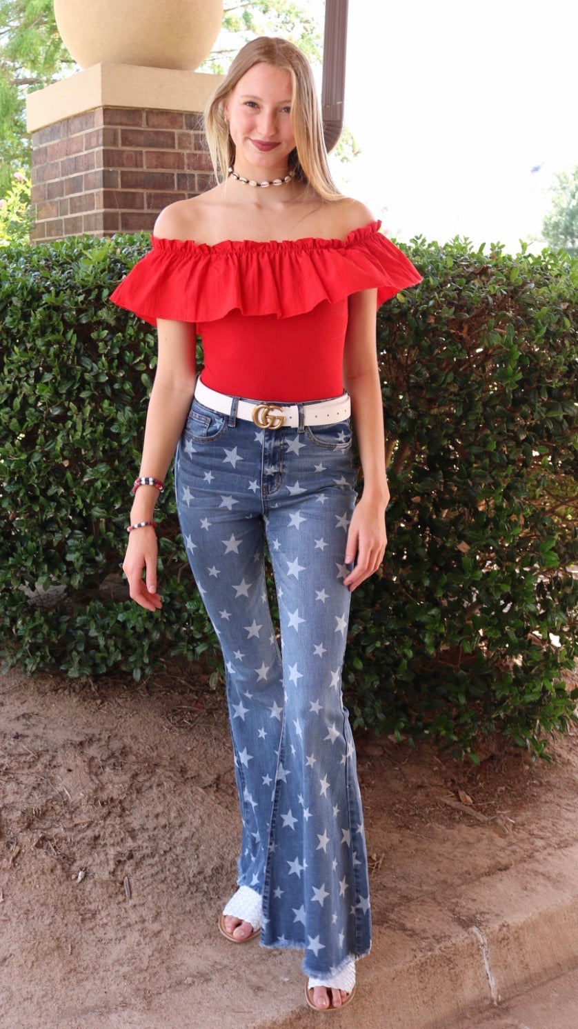 SHOWDOWN Star Print SuperFlare RawHem Jean