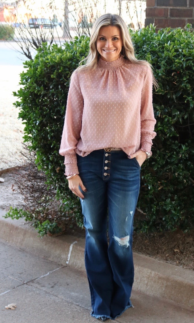 FOR KEEPS SwissDot Smocked Chiffon MockNeck Top