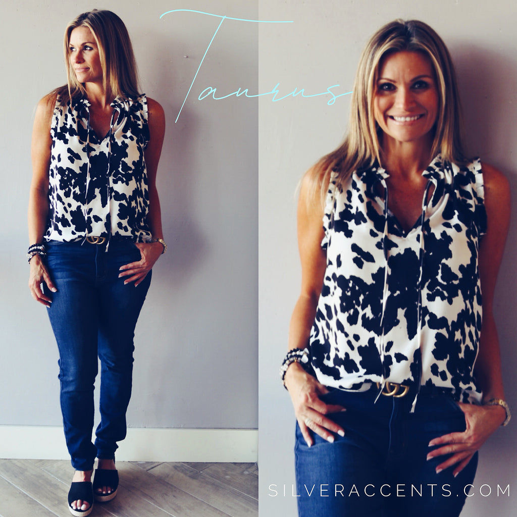 TAURUS Animal Print RuffleNeck TieFront Top