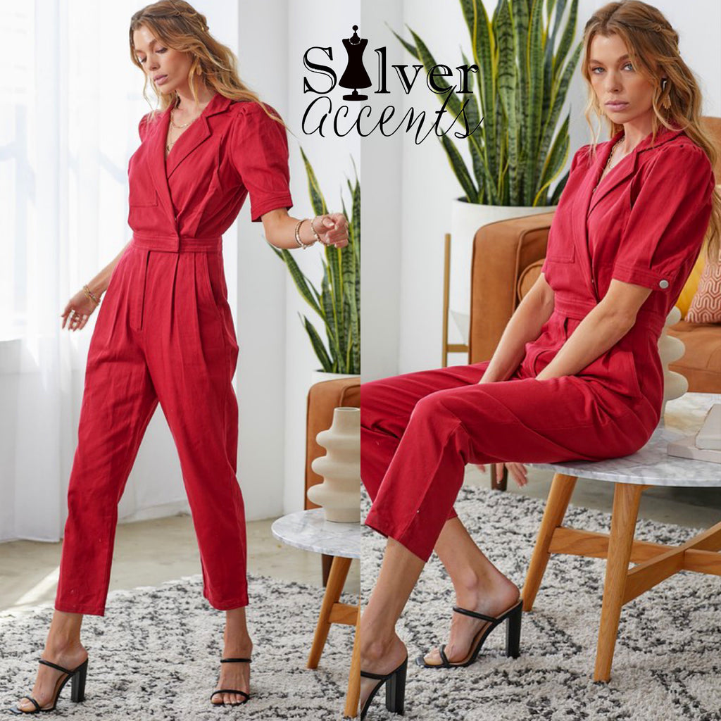 GAMETIME Puff~Sleeve Denim Wrap Jumpsuit