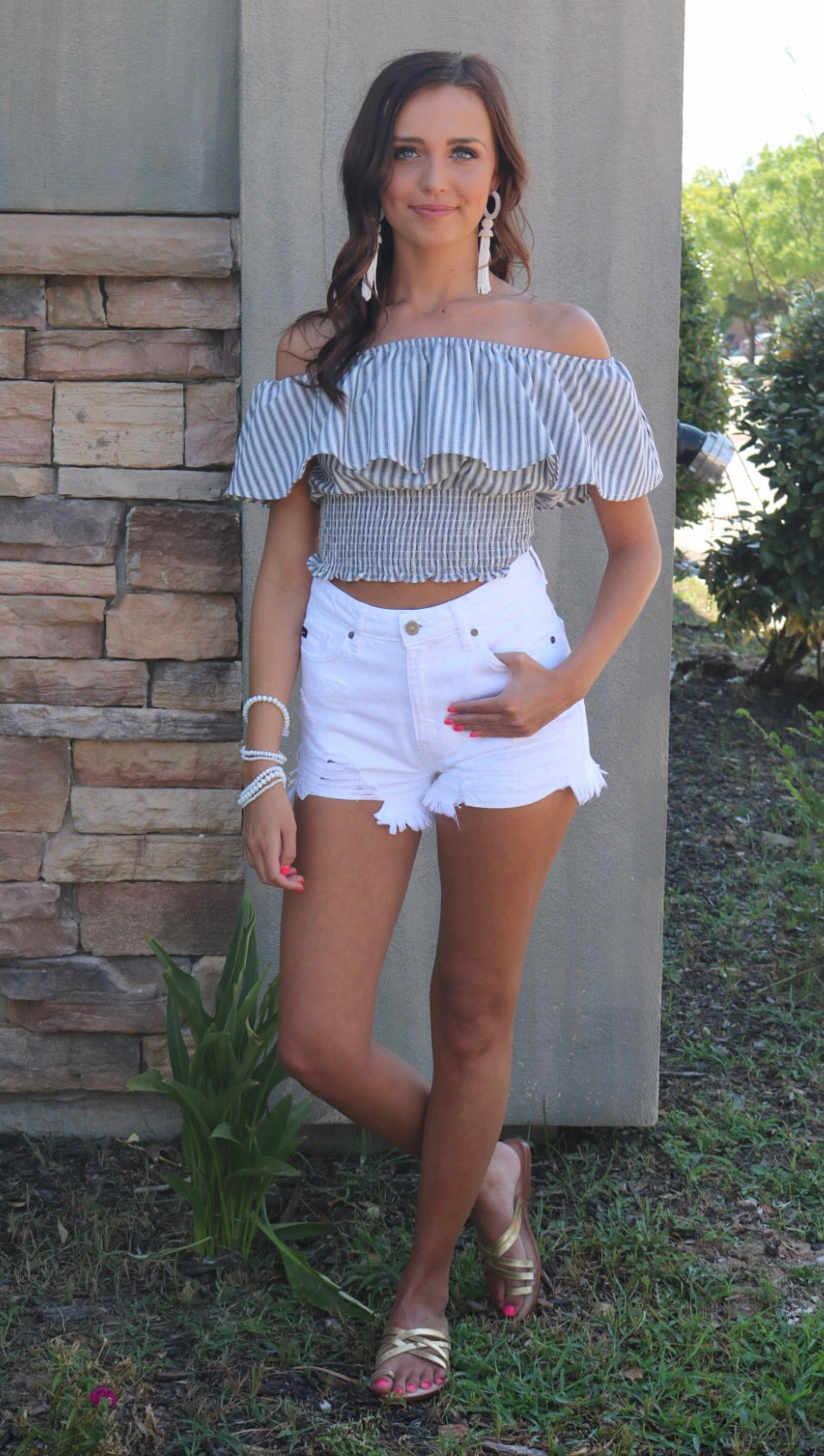 GAUNTLET Stripe Ruffled OffShoulder SmockBottom Woven Top