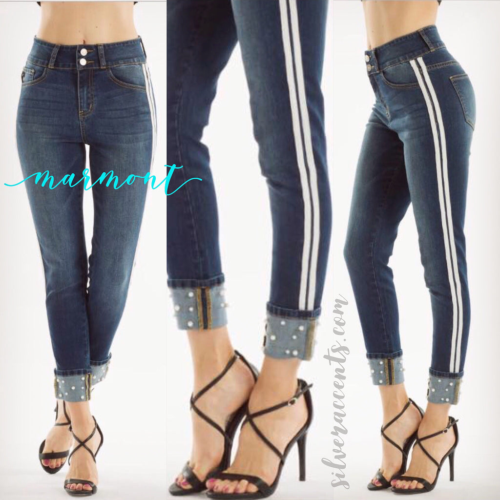 MARMONT SideStripe Pearl Cuff Stretch Skinny Jean