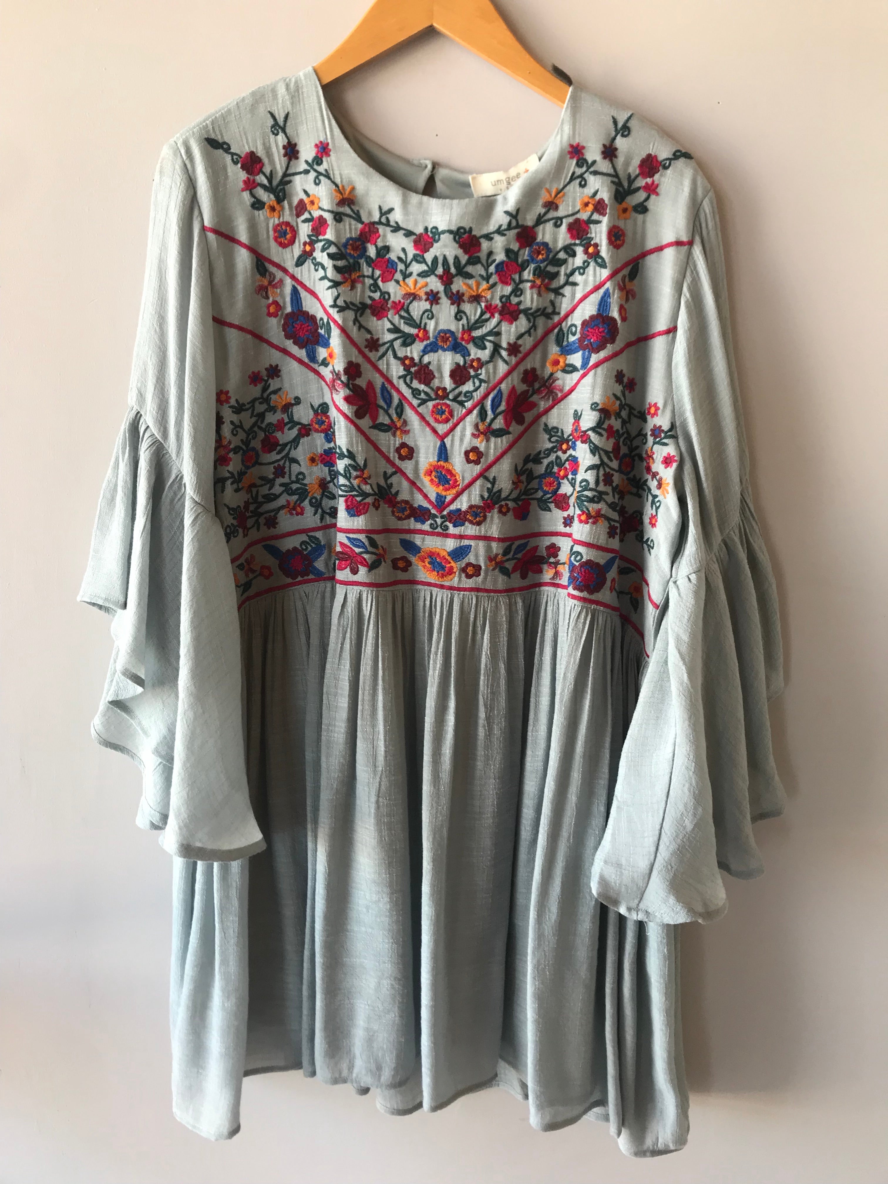 WANDERLUST Embroidered Ruffle Sleeve Grey Dress