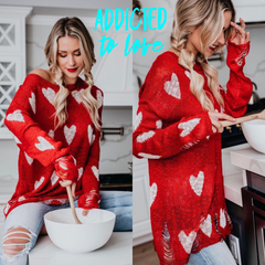 ADDICTED TO LOVE Heart Print Distressed Slub Sweater Top