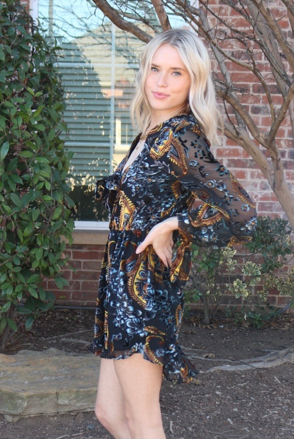 SAINT Velvet Burnout Floral Tie Front/Sleeve Short Romper