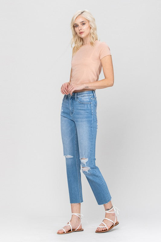 VERVET Hi~Rise JEANNE Stretch Slim Straight Leg Jeans Finished Hem