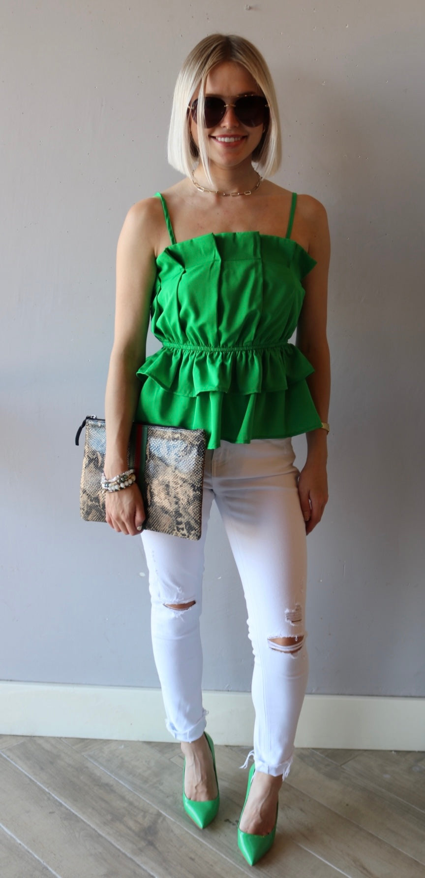 BLOOM Pleated Ruffle Bust SpaghettiStrap Poplin Top