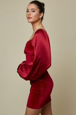 CHEER Velvet Satin~Sleeve BodyCon Dress