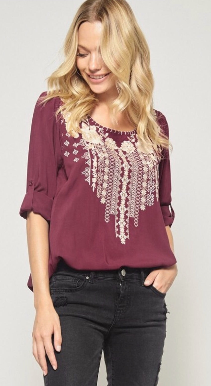 KYLER Embroidered Roll Sleeve Scoop Hem Top