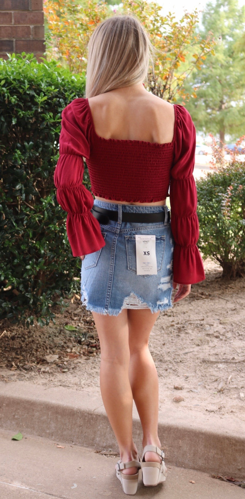 SWAGGER Smocked Bodice OffShoulder Bishop Sleeve Cropped Top