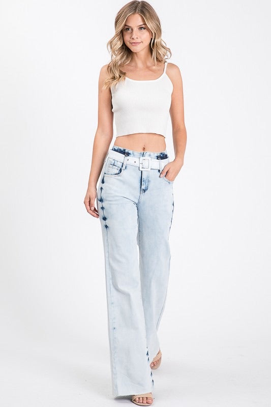 GIGI High Waisted Acid Wash Belted Stretch Flare Jean
