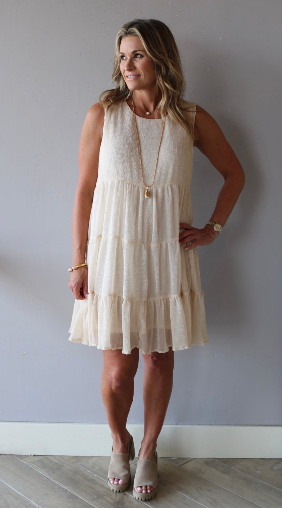RETREAT Tiered Babydoll Textured Dress