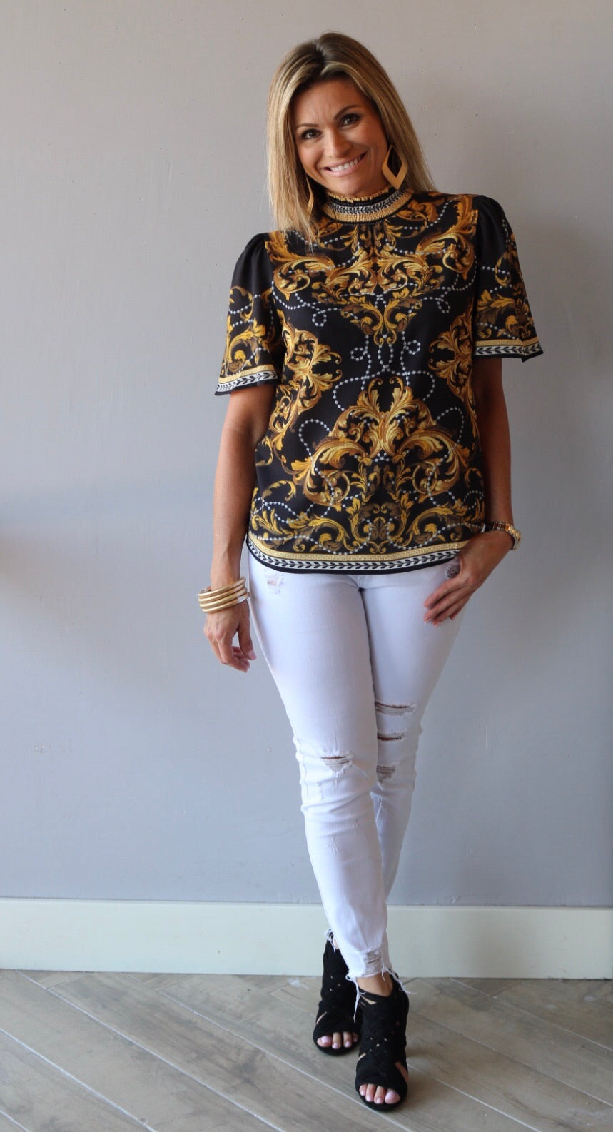 HIERARCHY Baroque Border Floral SmockNeck ShortSleeve Top