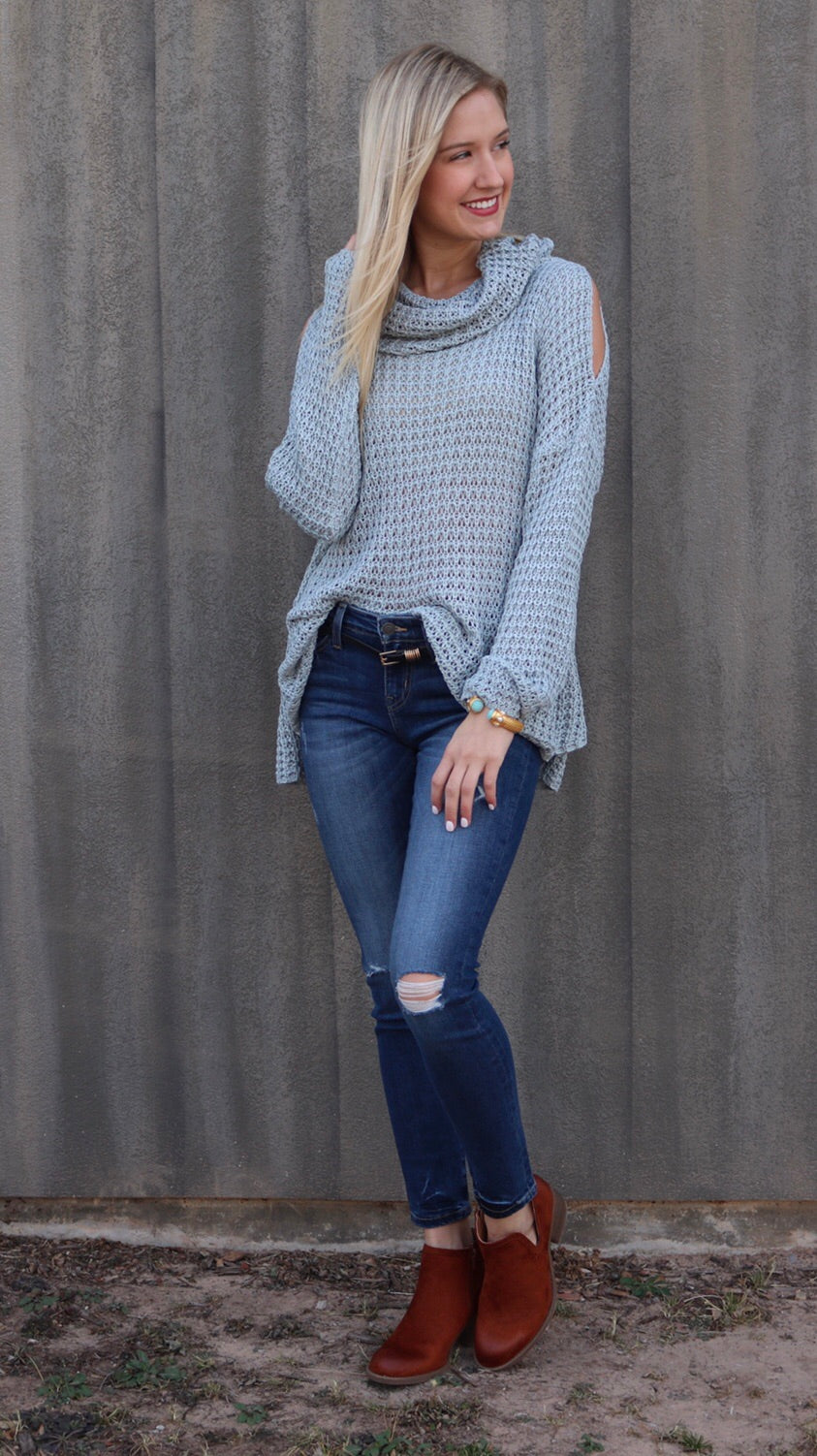 AZULE CowlNeck ColdShoulder Lightweight Sweater Top