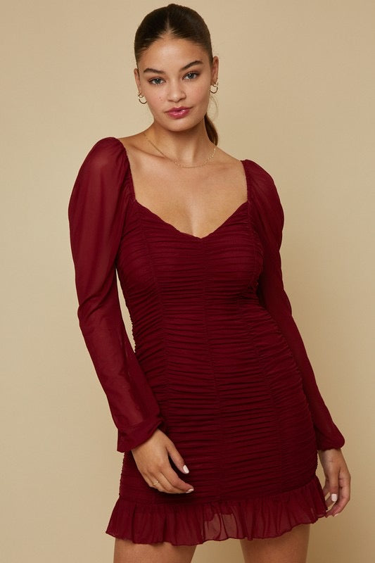 *DECLAN Ruched Mesh Ruffle Hem Dress