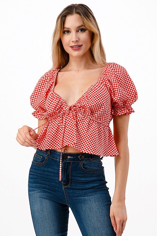 *TAILGATE Check TieFront V-Neck PuffSleeve Top