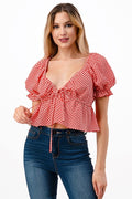 *TAILGATE Check TieFront V-Neck PuffSleeve Top
