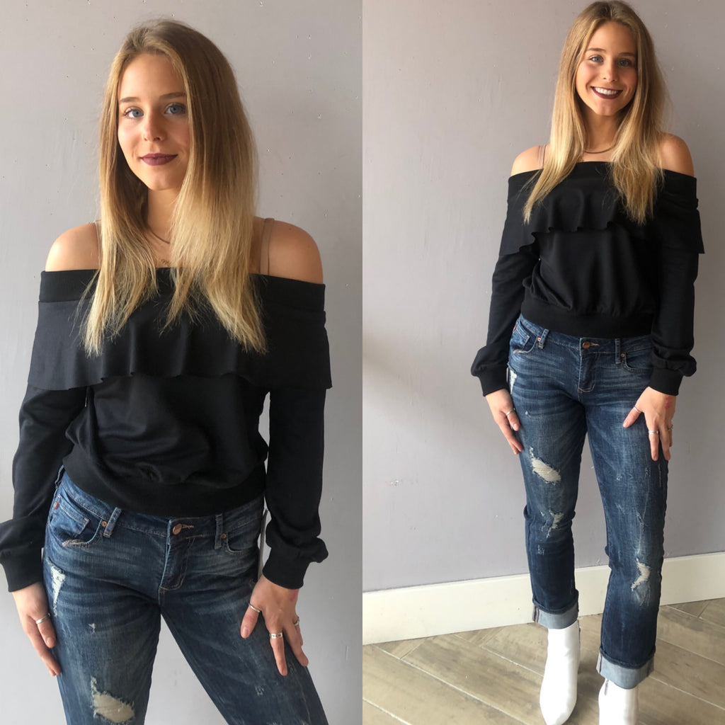 EASE Ruffled OffShoulder TerryKnit Top