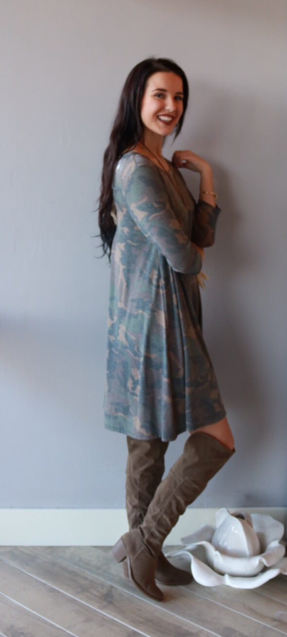 WEAVER Camo Print LaceUp Jersey A-Line Dress