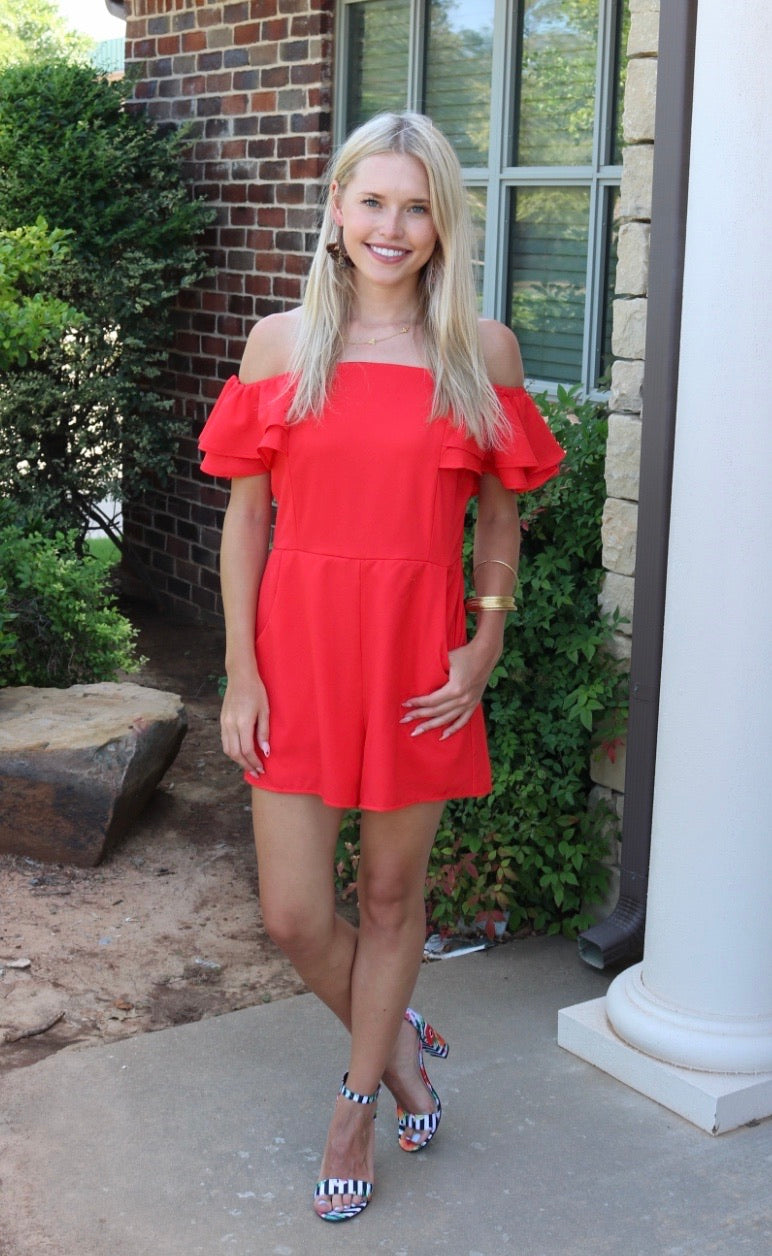 FOUNDER Ruffled OffShoulder Woven Romper w/Pockets