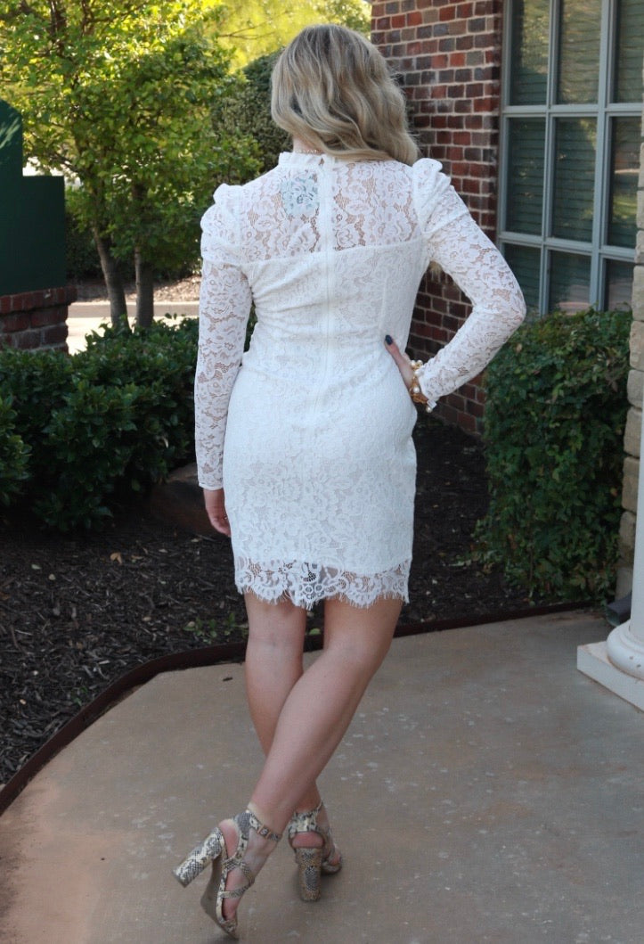 *Main Strip SWORN Lace HiNeck Puff Sleeve ScallopHem Dress
