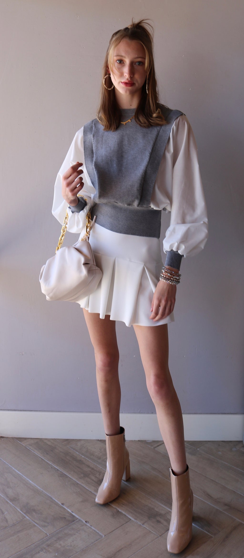 TULLY BalloonSleeve MixMedia Poplin/Sweater Top