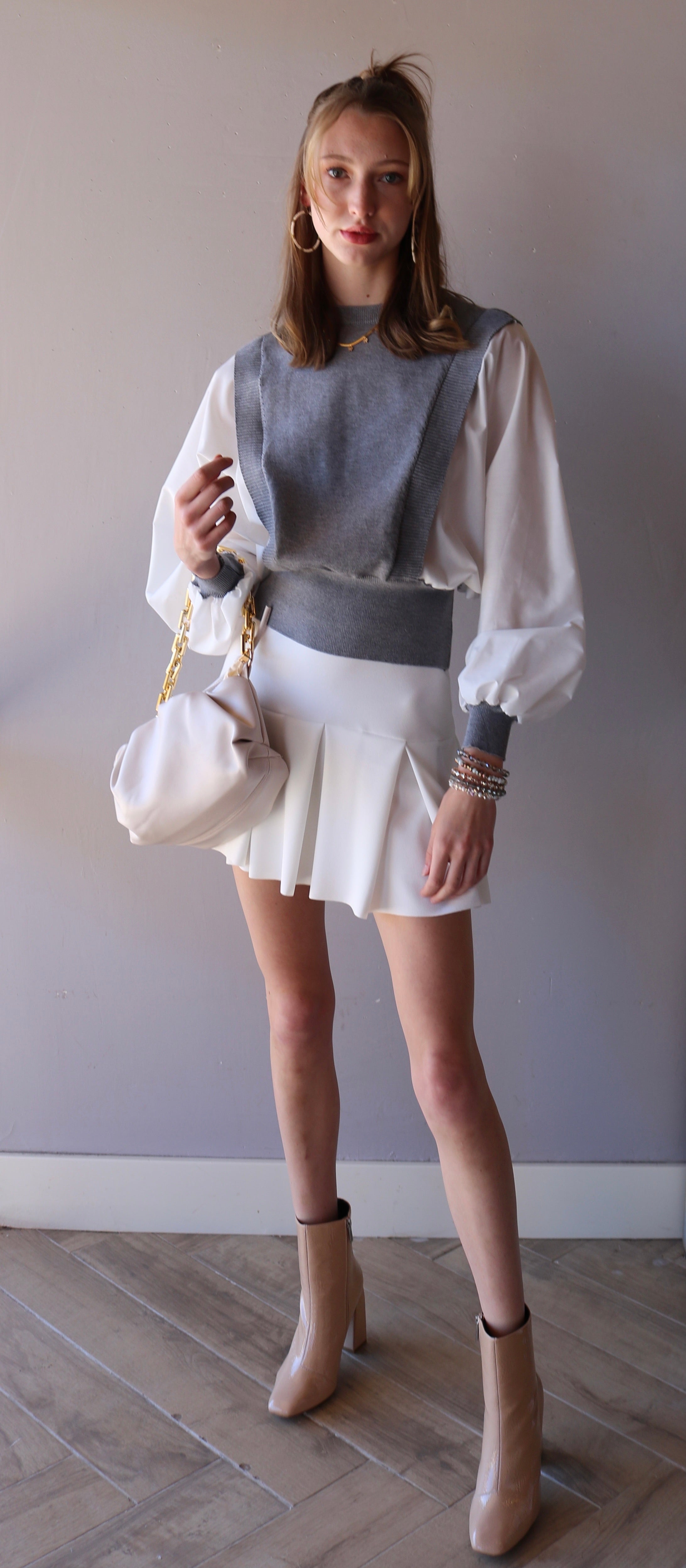 TULLY BalloonSleeve MixMedia Poplin/Sweater Top