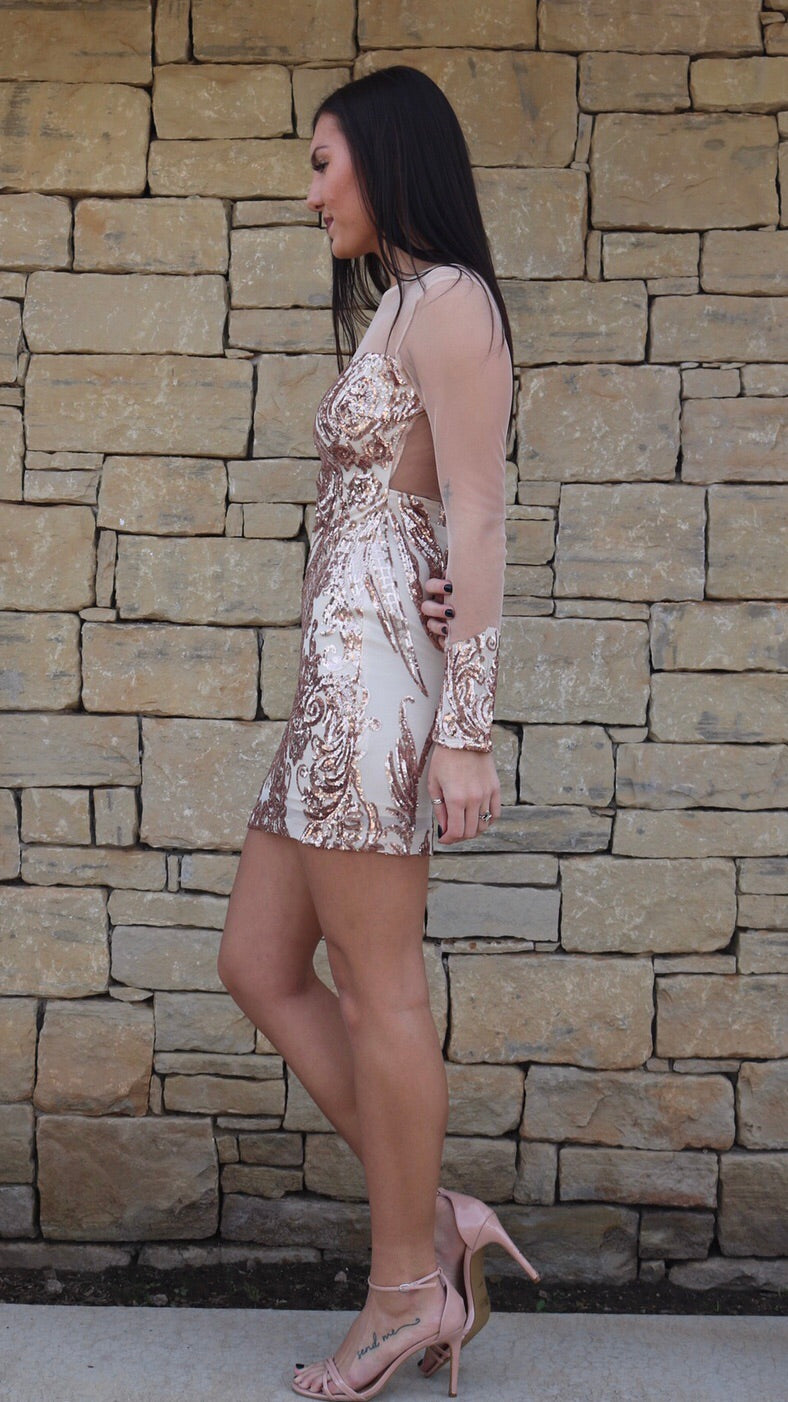 FESTIVE Sequin/Mesh LongSleeve Cuff Bodycon Dress