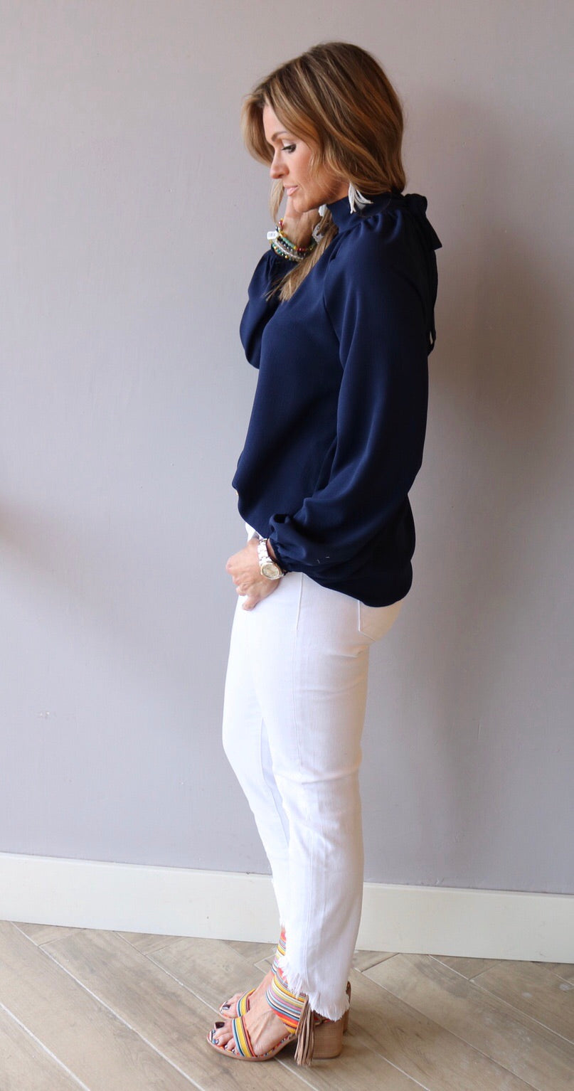 VINDICATE Hi-Neck KeyHole TieBack LongSleeve Top