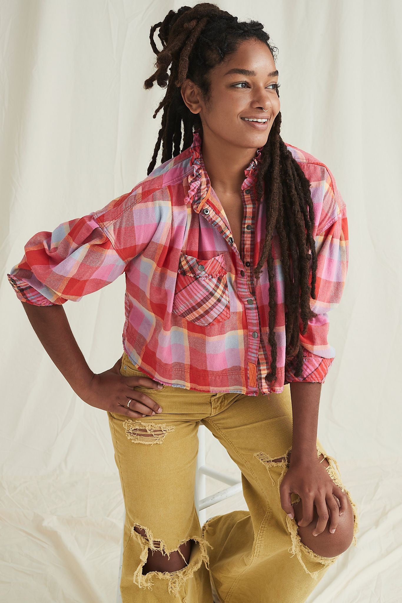 FREE PEOPLE Plaid EMILY ButtonDown WaistCrop Top