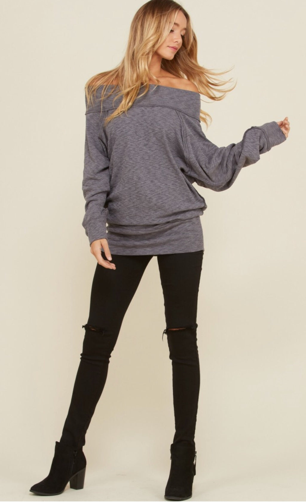 TAKE IT EASY Off Shoulder Slub Knit Sweater Tunic Top