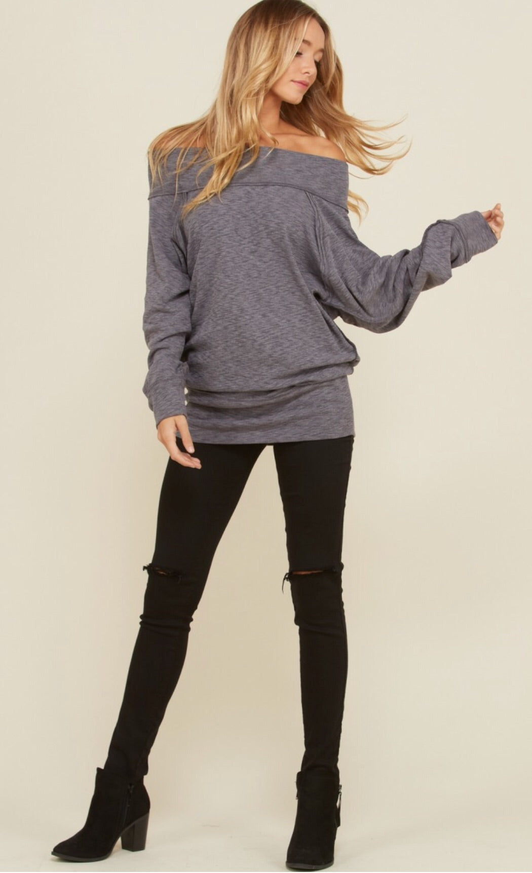 TAKE IT EASY Off Shoulder Slub Knit Sweater Tunic Top