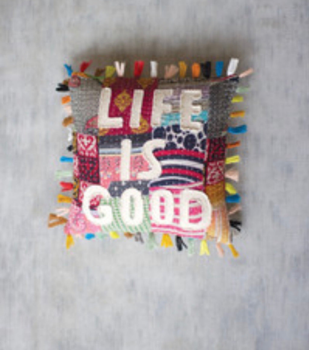 KI Appliqué Kantha Tassel Throw Pillow