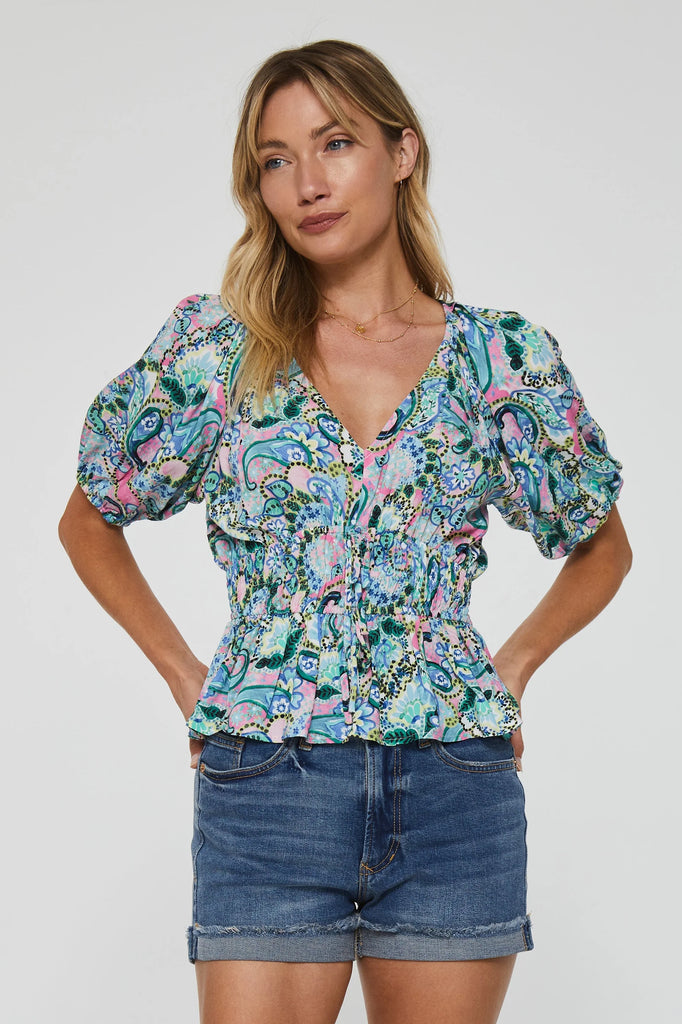 Women's Teal Paisley Top Pleat Top