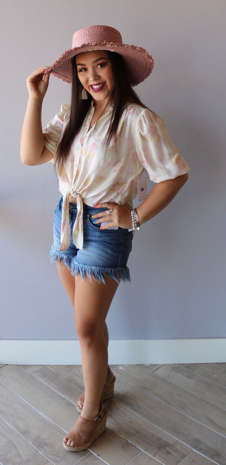 FREE PEOPLE Ivory CELIA Floral Print ButtonDown TieFront Top