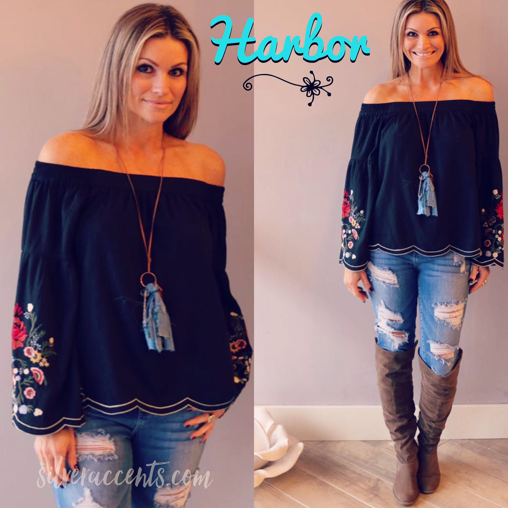 HARBOR Floral Embroidered OffShoulder ScallopHem Top