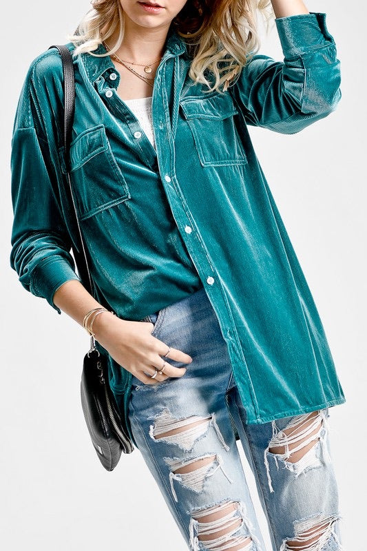 ROXY Rib Velvet ButtonDown Collared Top