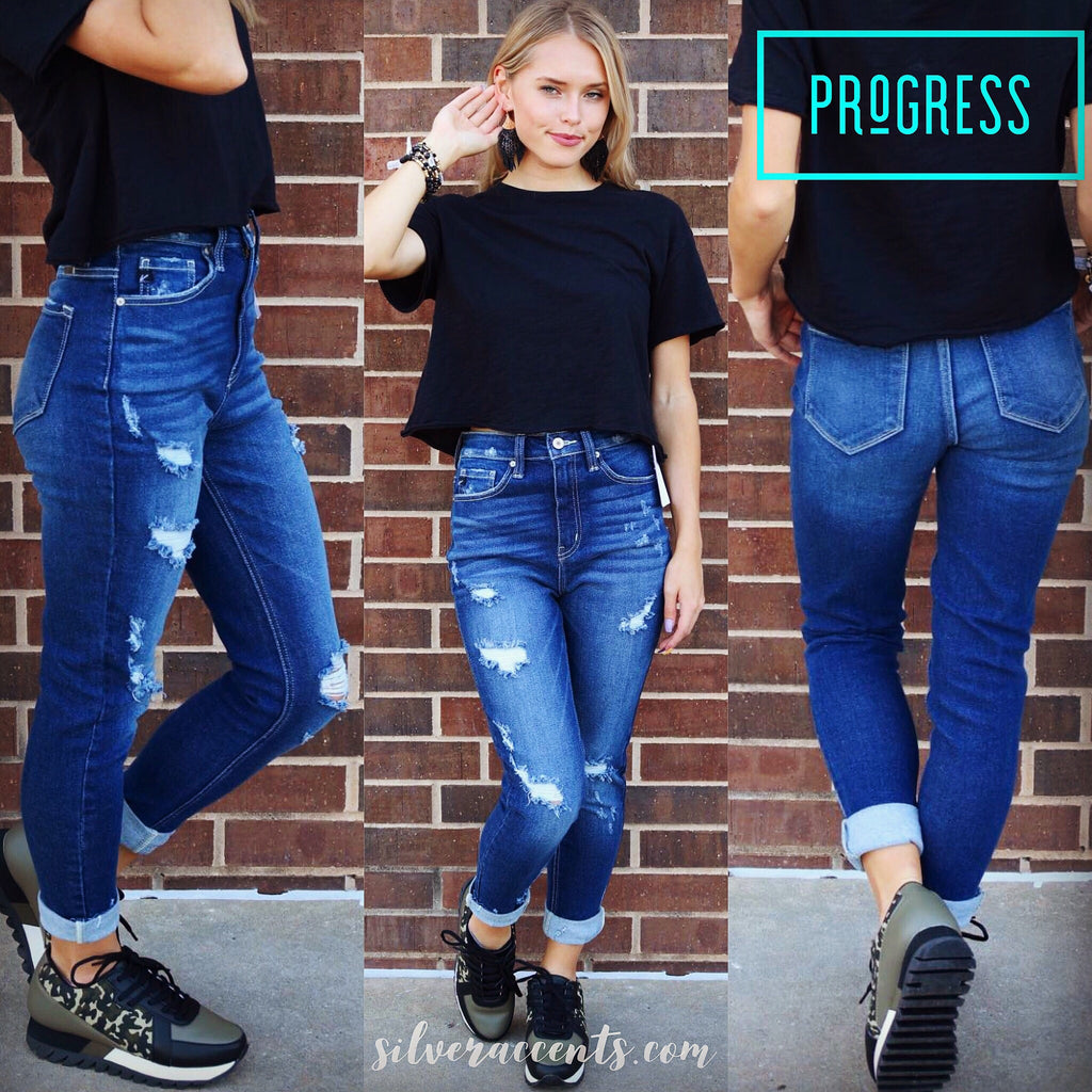 KANCAN HiRise PROGRESS Distressed Ankle Skinny Jeans