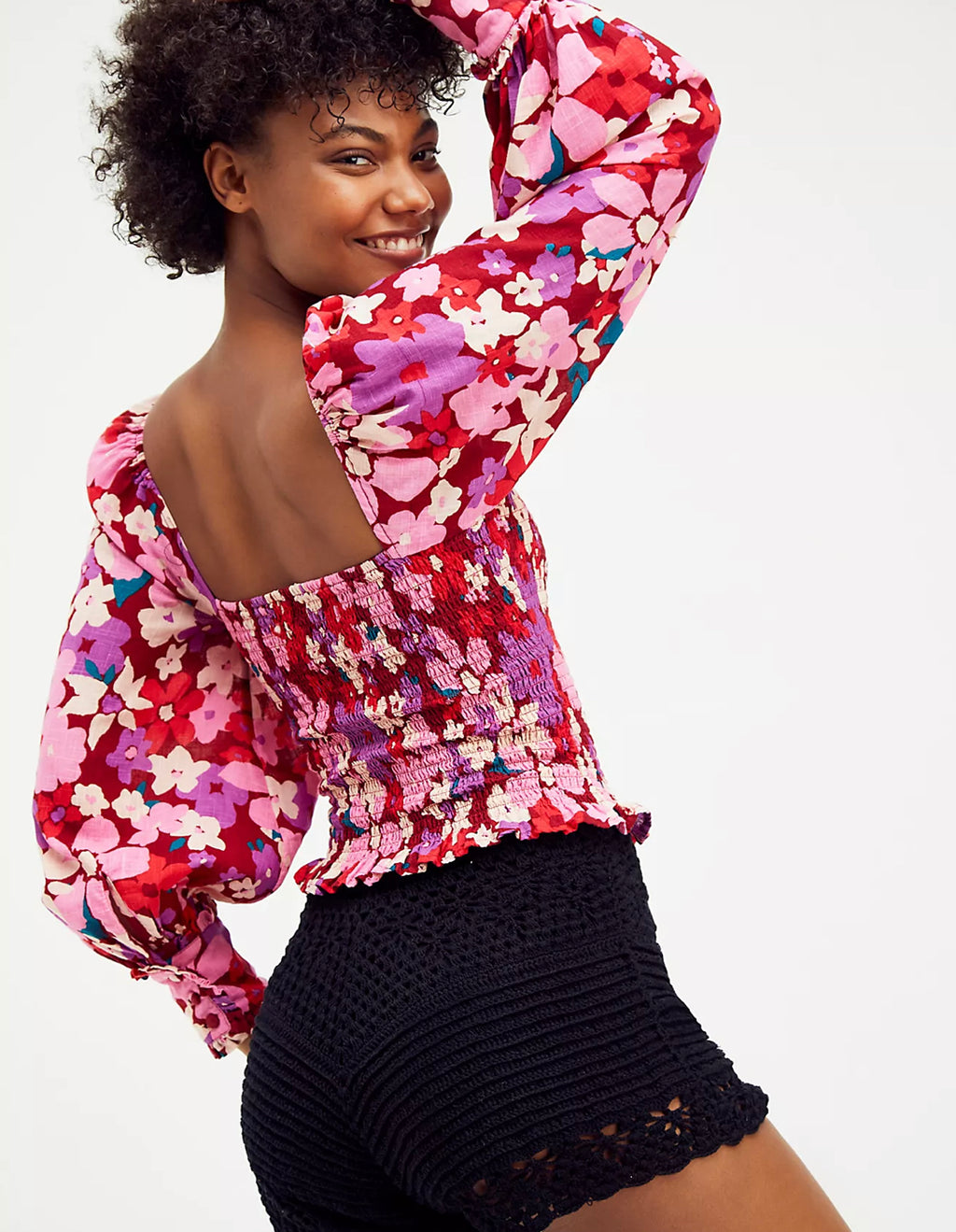 FREE PEOPLE Floral ARIANA SmockBodice PuffSleeve Top