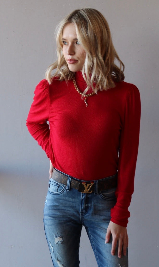 MICHAEL STARS RibKnit ESME MockNeck PuffSleeve Top