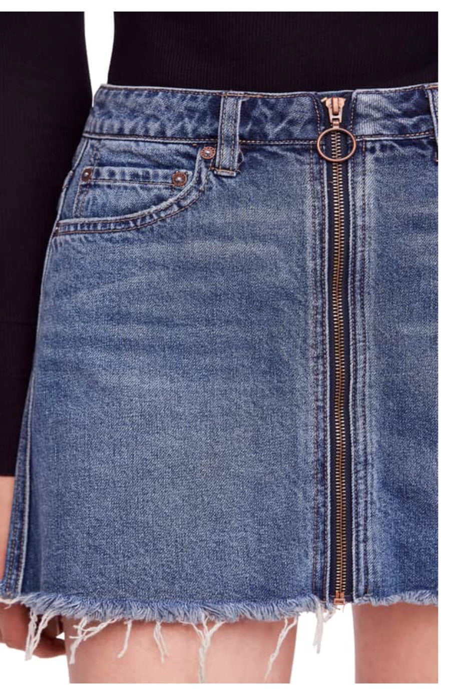 FREE PEOPLE! Denim ZIP IT UP RawSeam ZipFront Skirt