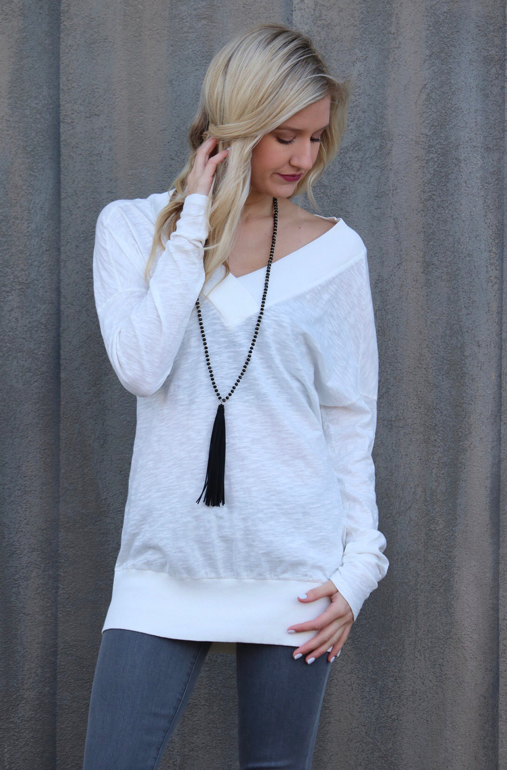 BOBI Slub Jersey JUDGEMENT DAY V-Neck RibKnit Trim Tunic Top