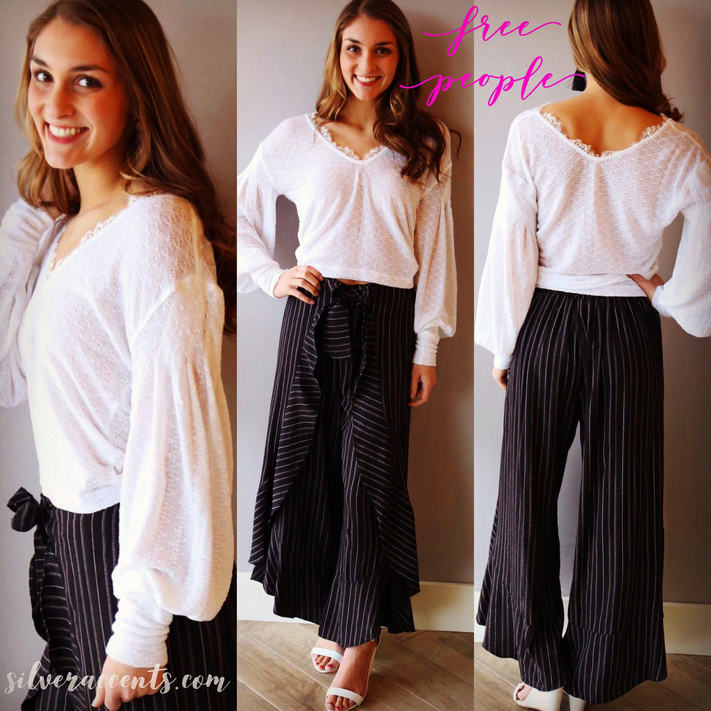 FREE PEOPLE White DREAMGIRL Pointelle V-Neck WaistCrop Knit Top