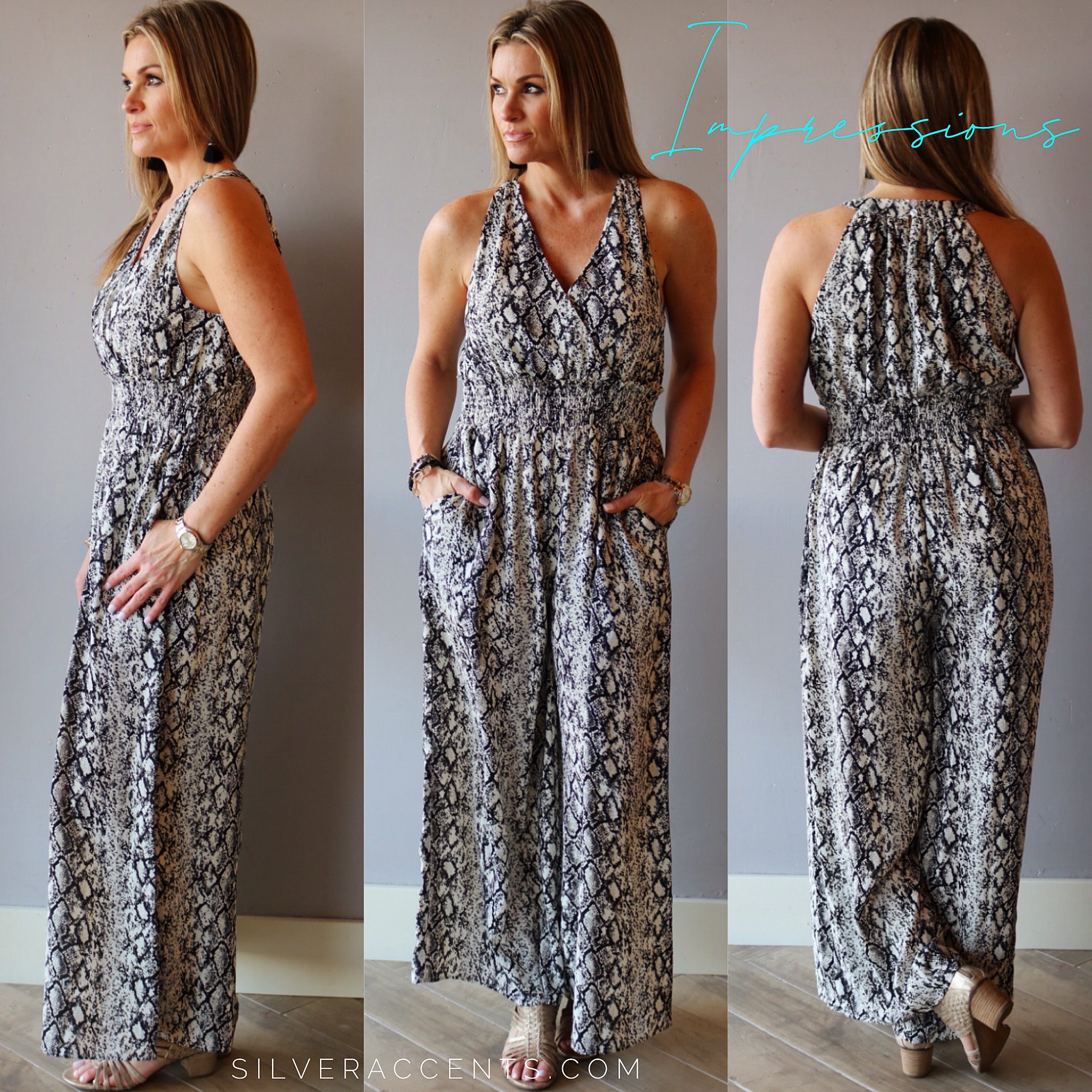 IMPRESSIONS Python  V-Neck Smock Bust WideLeg Jumpsuit