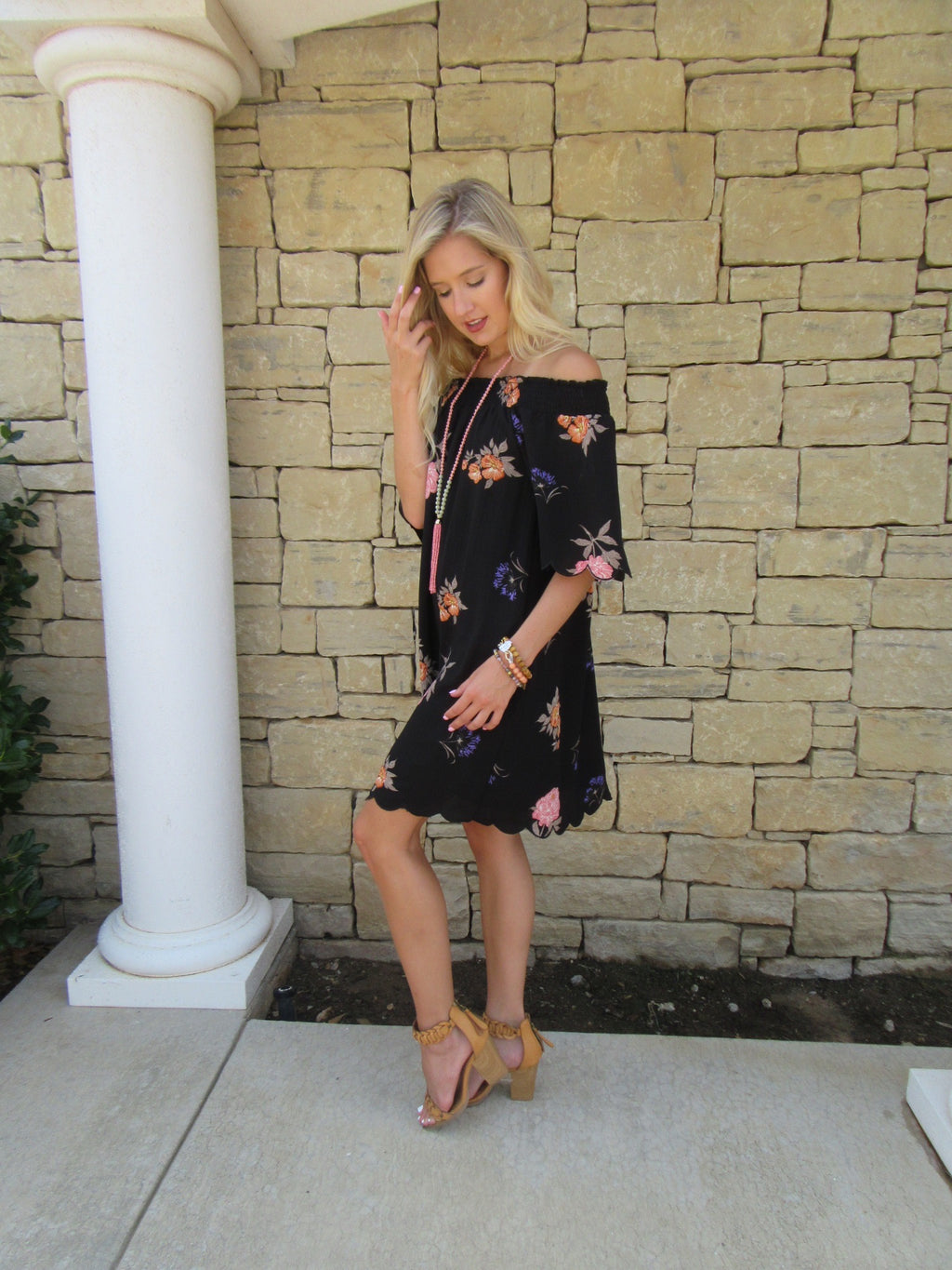 FREMONT Floral OffShoulder ScallopTrim Shift Dress