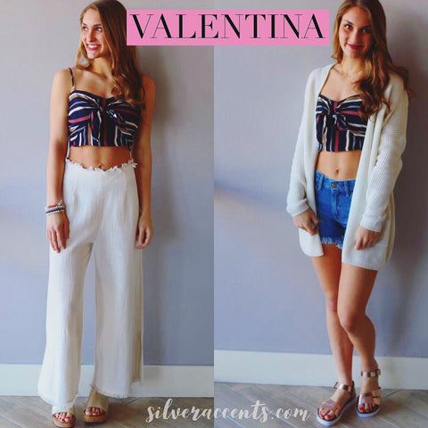 VALENTINA Stripe SweetHeart Neck TieFront Crop Cami Top