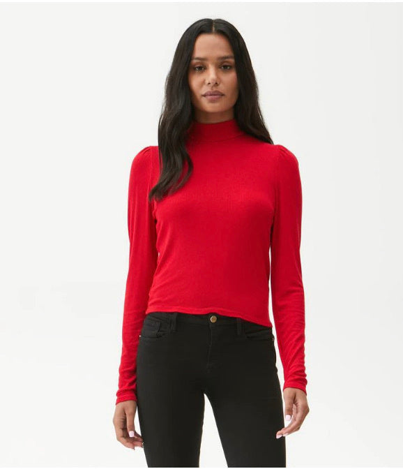 MICHAEL STARS RibKnit ESME MockNeck PuffSleeve Top